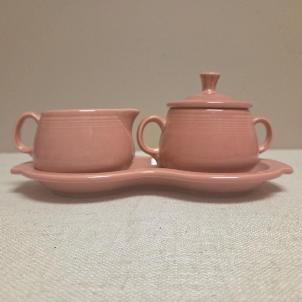 Fiesta Rose Sugar and Creamer Set with Figure Eight Tray Pink Ceramic 3 Piece
